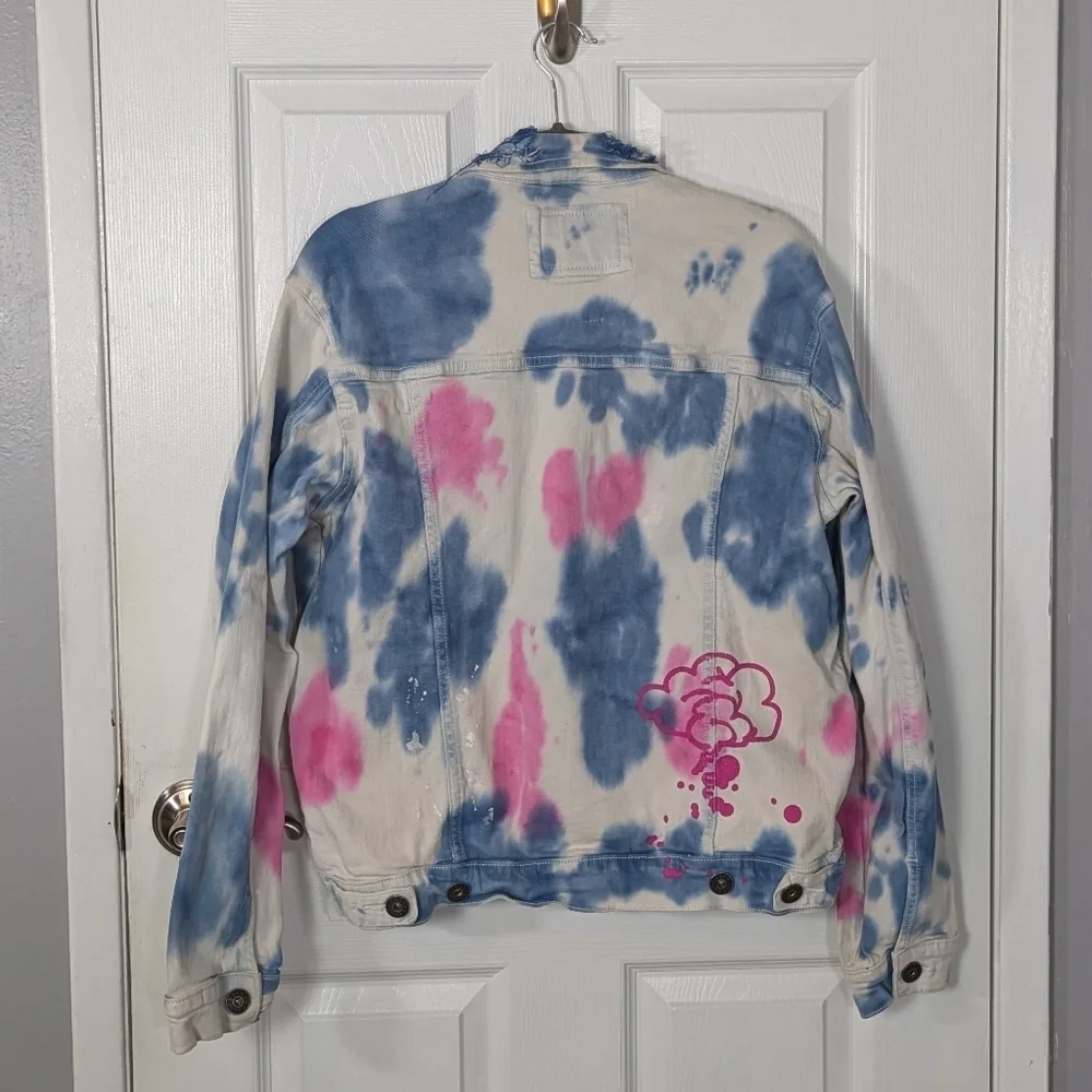Kloud9 Streetwear Distressed Tie Dyed Graffiti White Button Up Denim Jacket Med.